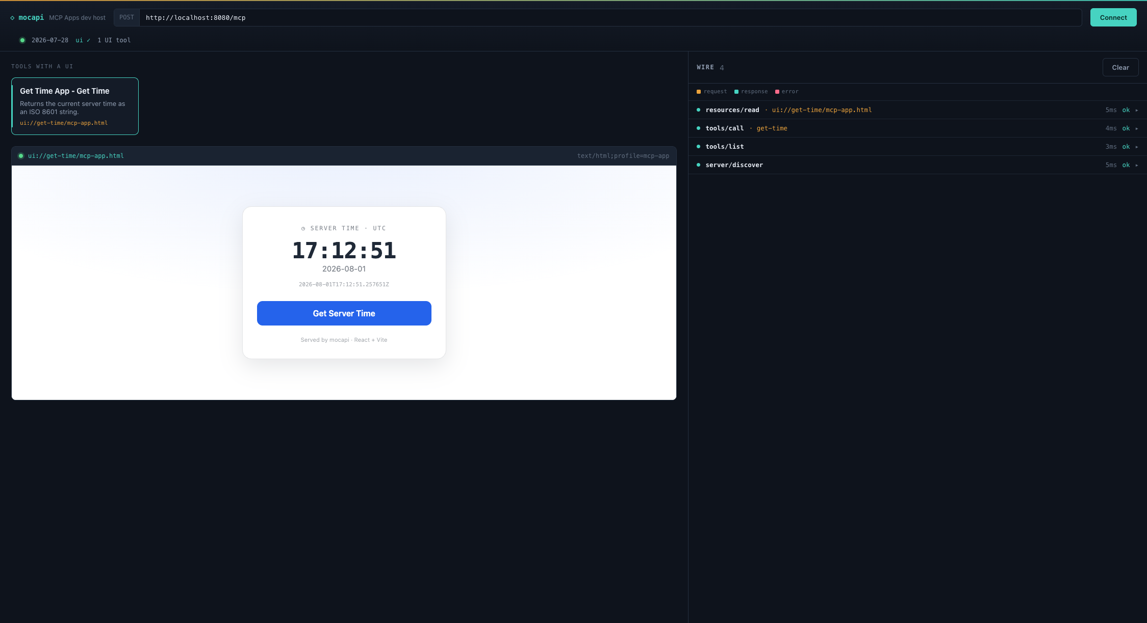 The get-time MCP App rendered in a sandboxed iframe, with the dev host's Wire inspector showing the server/discover, tools/list, tools/call, and resources/read exchanges